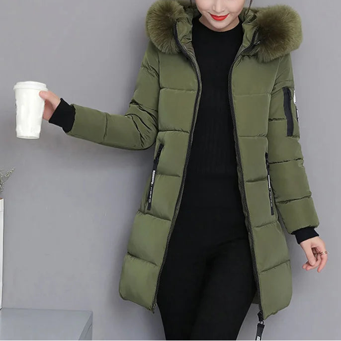 Casaco de Inverno Longo com Capuz e Gola de Pêlo