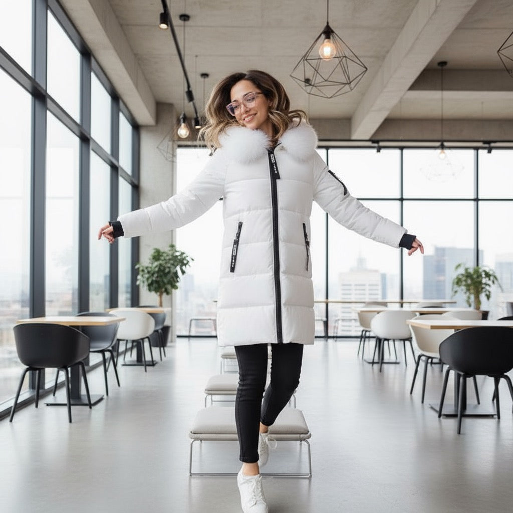 Casaco de Inverno Longo com Capuz e Gola de Pêlo